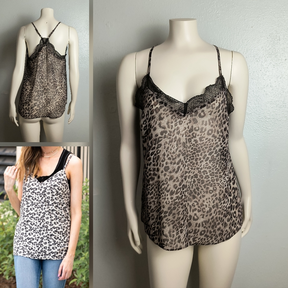 Mystree Cami Top S Sheer Leopard Print Spaghetti Strap